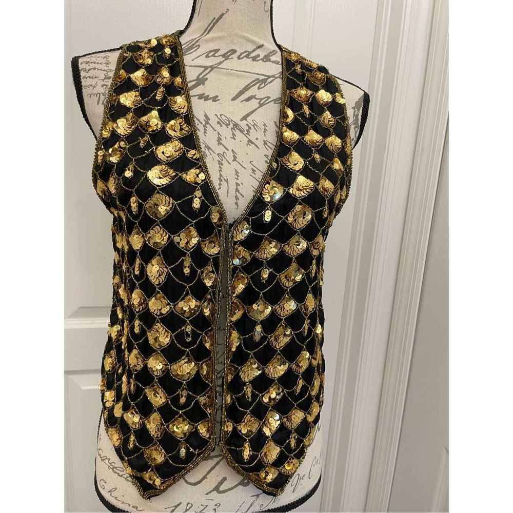 Vintage 80s goldfish scale embroidered vest gold and black size M
